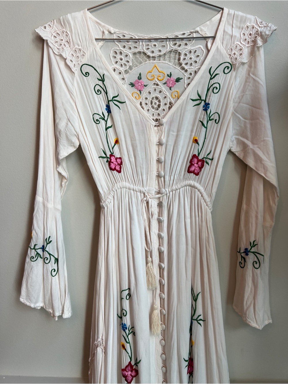Fillyboo Boho cream Embroidered V-Neck Maxi Dress with Lace Insets